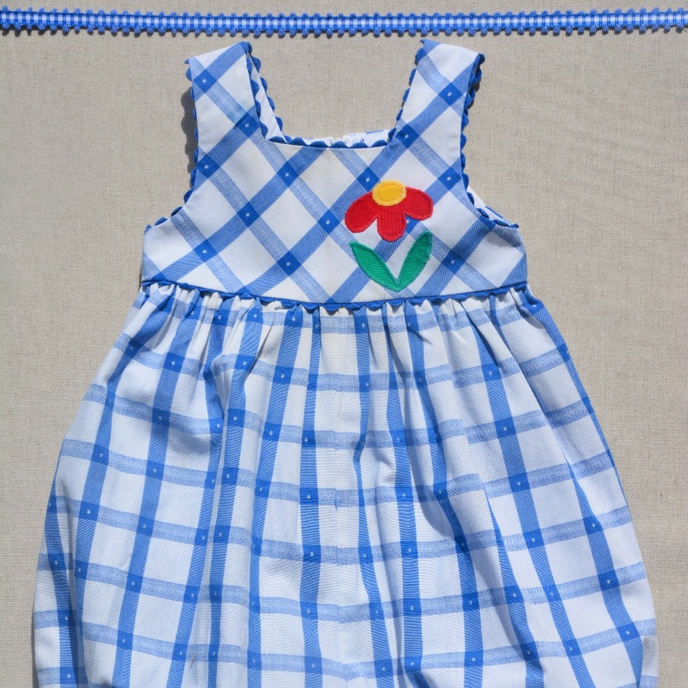 Sylvia White Royal Blue and White Romper with Appliqué - 18M